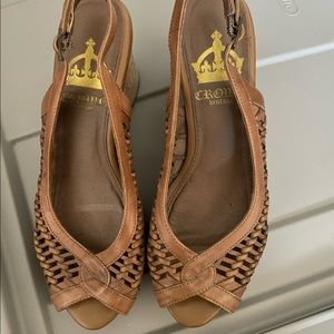 Gently used, cognac, Sandel wedges, 7M